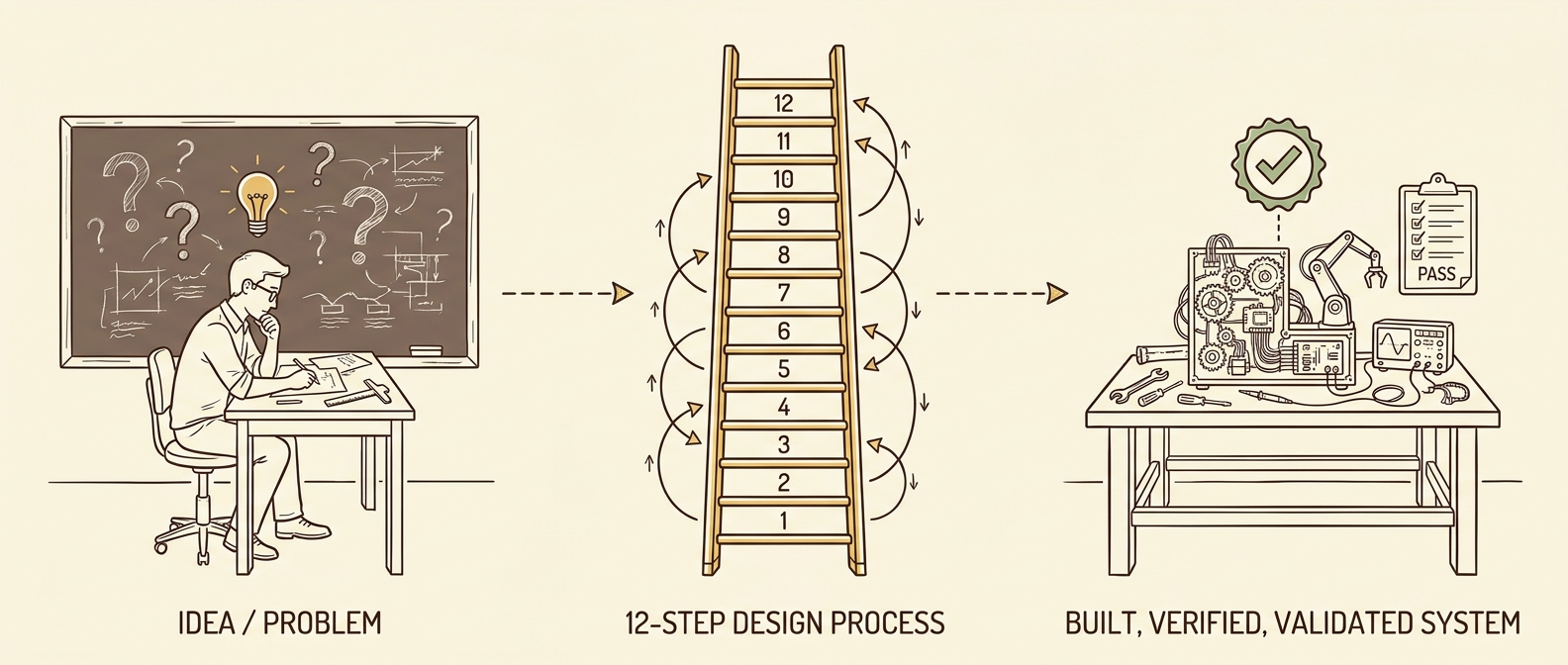 Three-stage flow: Idea / Problem → 12-Step Design Process → Built, Verified, Validated System